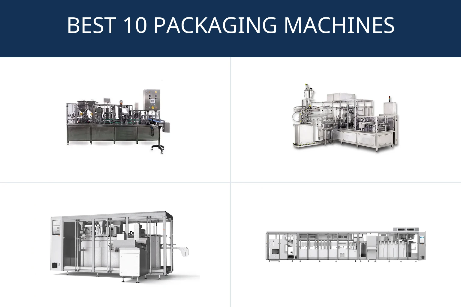 Best 10 Packaging Machines buyer's guide Four real machine images from Pure's catalog: pneumatic inline filler, servo inline filler, premade pouch system and form-fill pouch system, under the heading Best 10 Packaging Machines