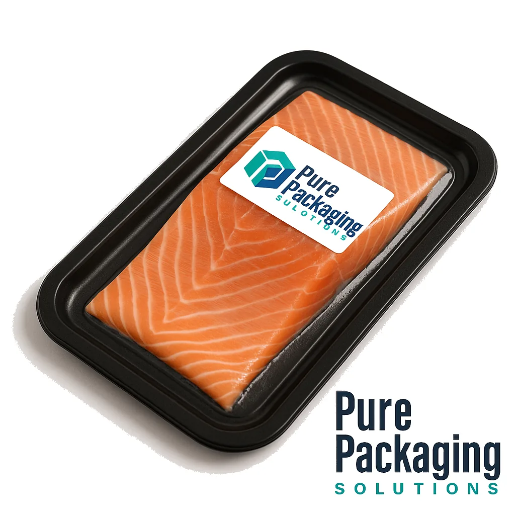 Tray sealing and MAP food pack Sealed tray pack with salmon product for food packaging applications