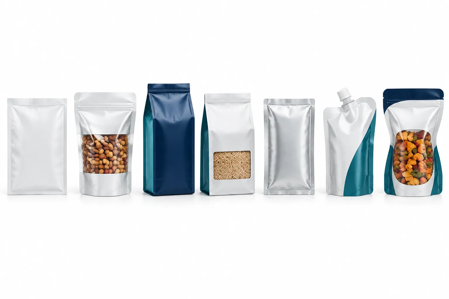 Premade pouch and HFFS format comparison Premade pouch and horizontal pouch packaging formats on a clean white production planning layout